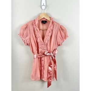 IZ Byer Y2K Babydoll Top Chiffon Tie Waist Ruffles Peach Lined Sz M Soft Girl